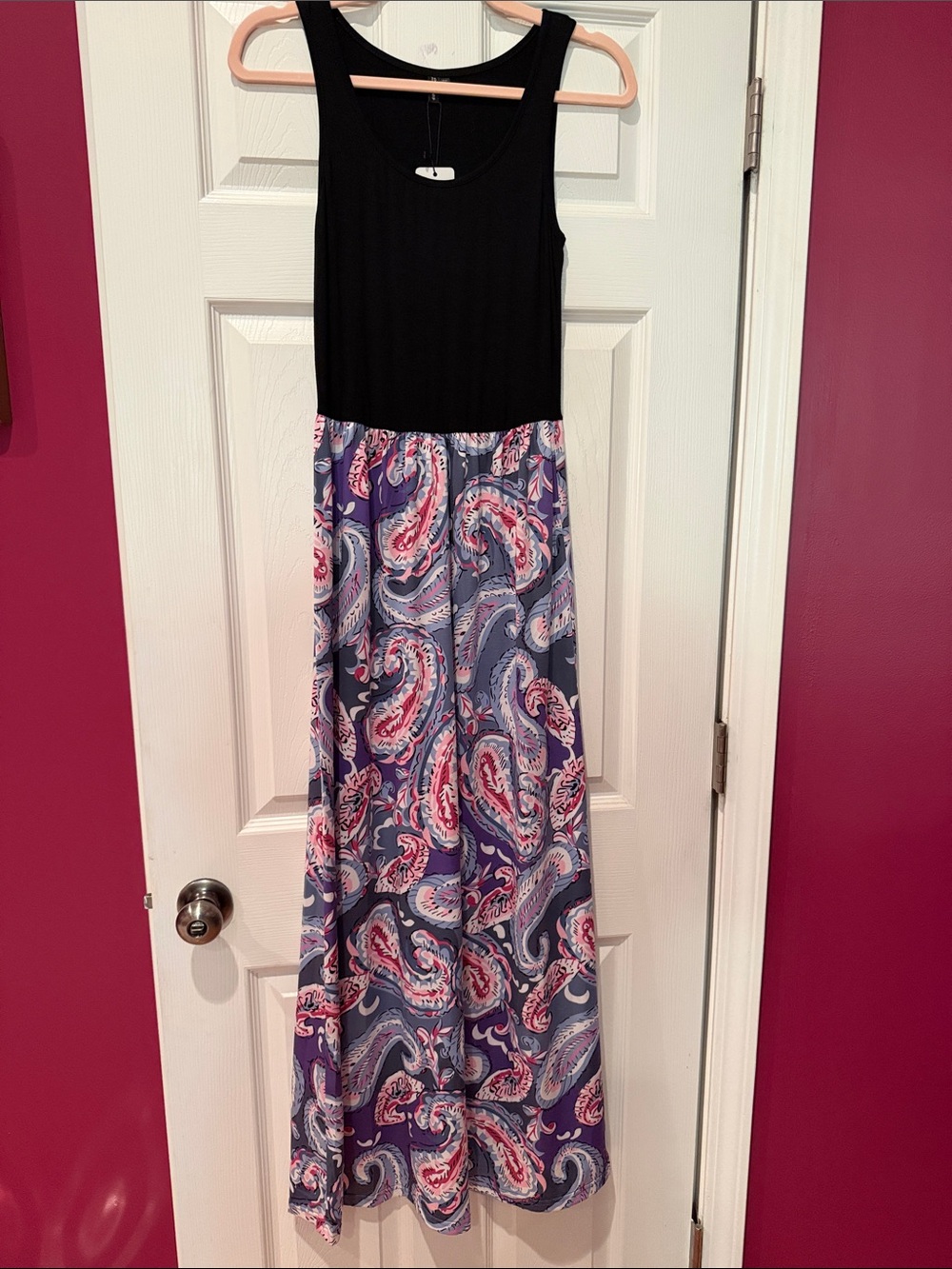 Black Tank Top Maxi Dress with Purple Paisley Skirt
